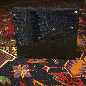 Black and blue mohair leather Handmade envelope wallet clutch